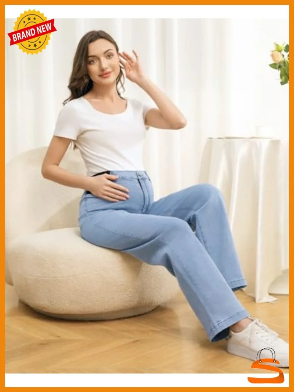 Maternity Jeans Mid-Rise Straight Leg Relaxed Fit Denim Pants Postpartum